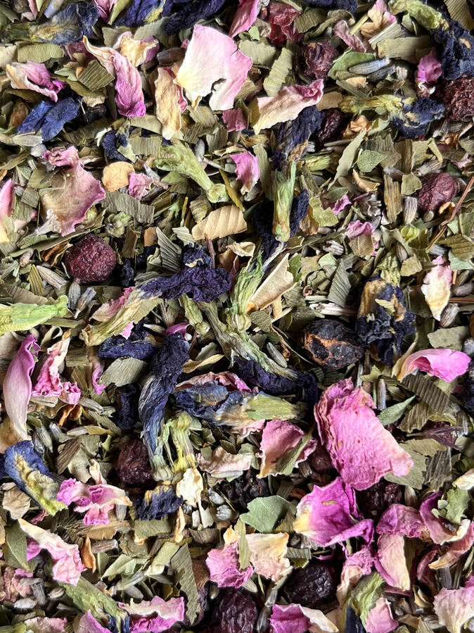 Spiritual Heartbeat: Ginkgo, Lavender, Lemon Verbena, Rose, Hawthorne Berry, Leaf, and Flower, and Butterfly Pea Flower. Made special for the book Spiritual Heartbeat by Oliveyah Fisch