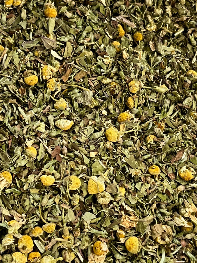 Tummy Tea: Peppermint, Catnip, Dandelion Leaf, and Chamomile.